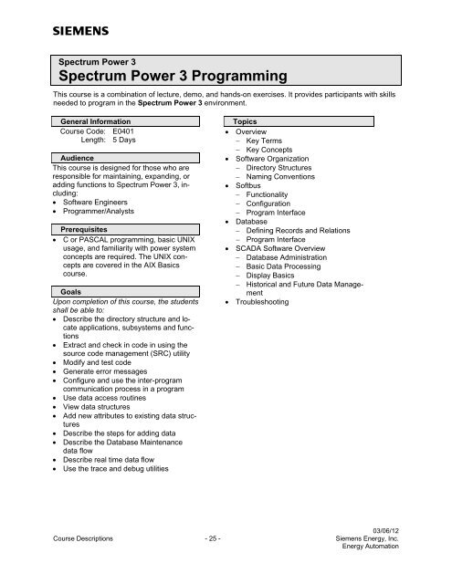 Spectrum Power 3 Programming - Siemens