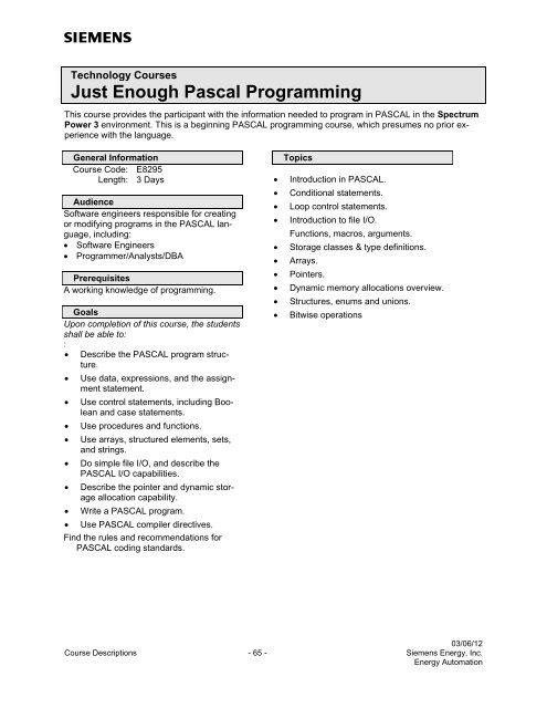 Spectrum Power 3 Programming - Siemens