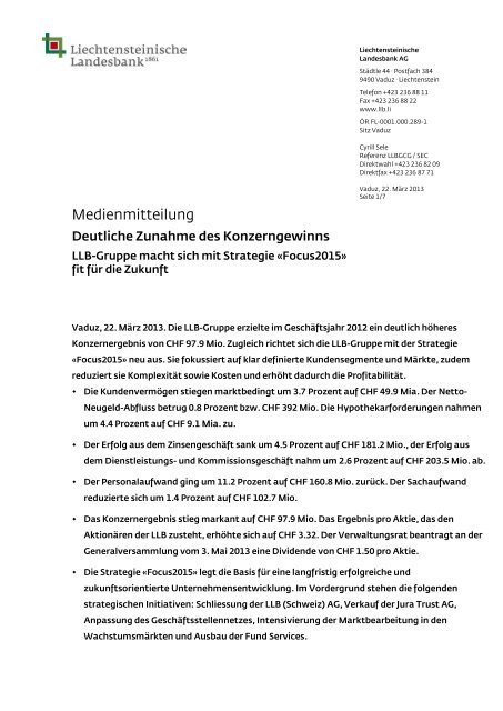Medienmitteilung Liechtensteinische Landesbank