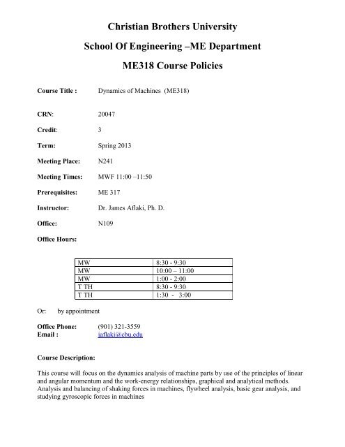 ME 318 Dynamics of Machines - CBU - Christian Brothers University