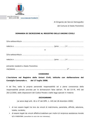 Domanda di iscrizione al Registro delle Unioni Civili - Comune di ...