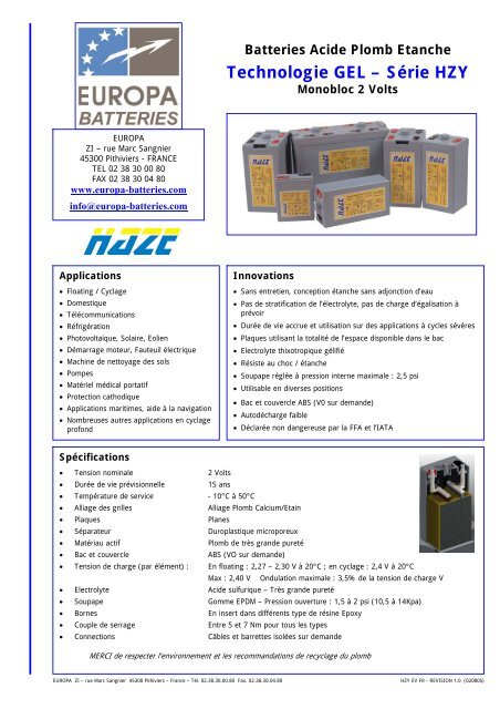 Technologie GEL – Série HZY - Europa Batteries