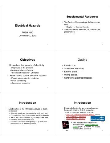 Electrical Hazards Objectives Outline Introduction Introduction