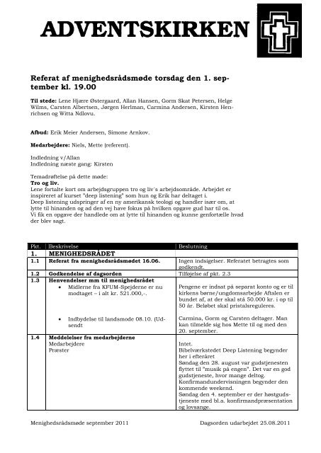 Referat af menighedsrådsmøde torsdag den 1. sep- tember kl. 19.00