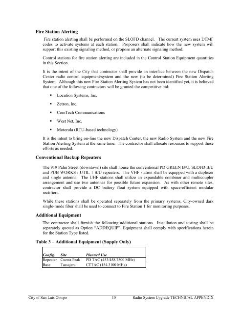 Technical Appendix Specifications for the RADIO SYSTEM UPGRADE