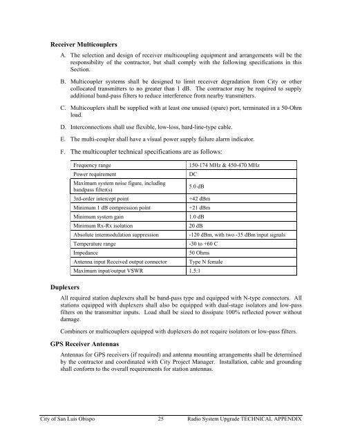 Technical Appendix Specifications for the RADIO SYSTEM UPGRADE