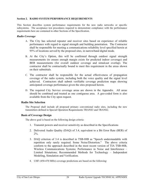 Technical Appendix Specifications for the RADIO SYSTEM UPGRADE