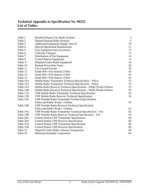 Technical Appendix Specifications for the RADIO SYSTEM UPGRADE