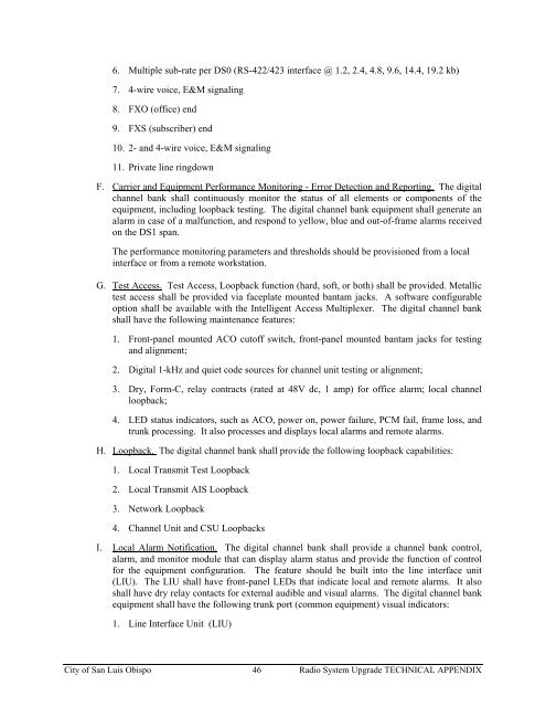 Technical Appendix Specifications for the RADIO SYSTEM UPGRADE