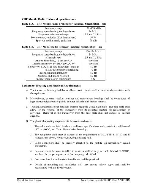 Technical Appendix Specifications for the RADIO SYSTEM UPGRADE