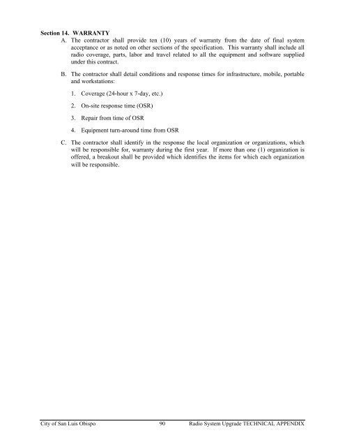 Technical Appendix Specifications for the RADIO SYSTEM UPGRADE