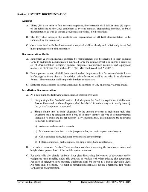 Technical Appendix Specifications for the RADIO SYSTEM UPGRADE