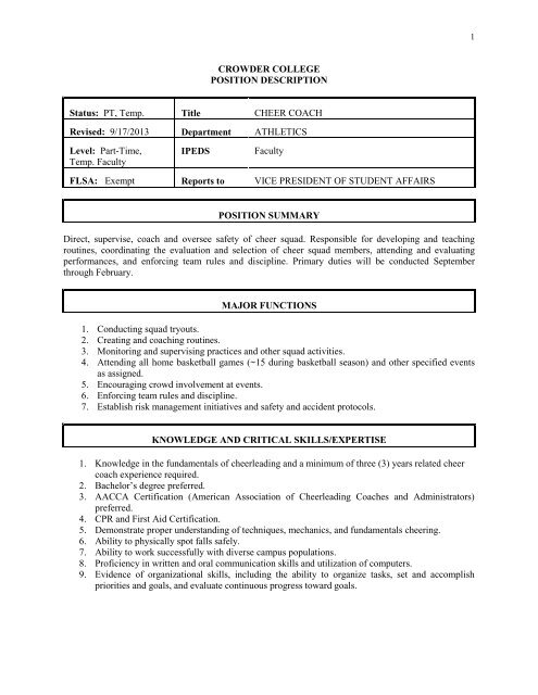 Cheer Coach Job Description Crowder College