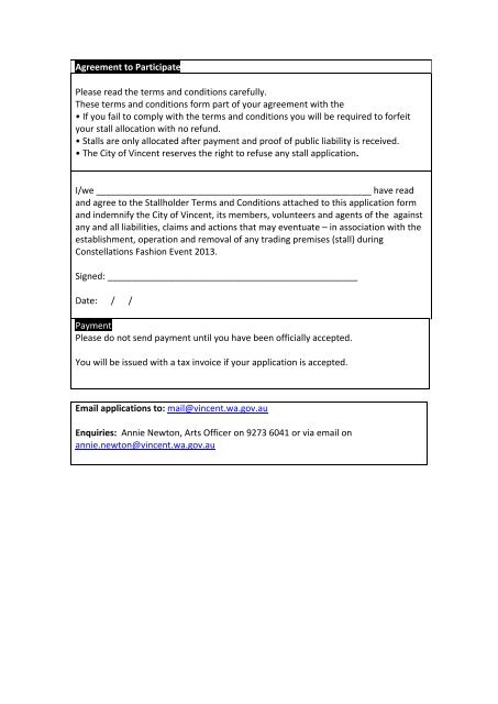 CITY OF VINCENT STALLHOLDER APPLICATION ...