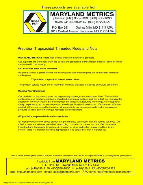 Precision Trapezoidal Threaded Rods and Nuts - Maryland Metrics