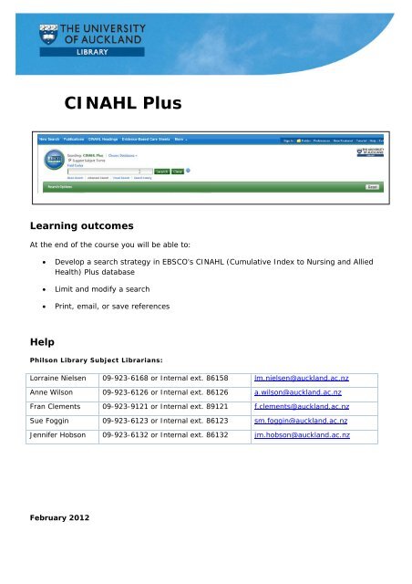 CINAHL Plus - ADHB Library Links - The University of Auckland