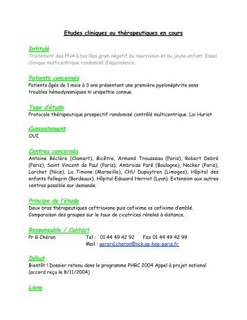 Intitulé Patients concernés Type d'étude Consentement Centres ...
