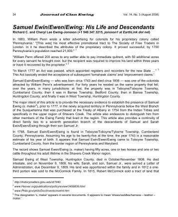 Samuel Ewin/Ewen/Ewing: His Life and Descendants