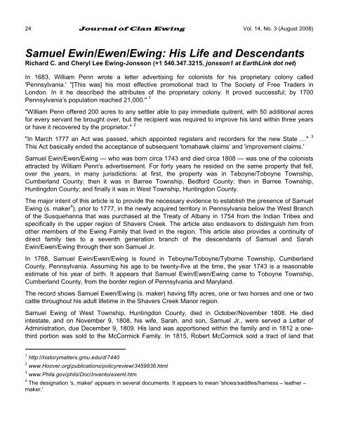 Samuel Ewin/Ewen/Ewing: His Life and Descendants