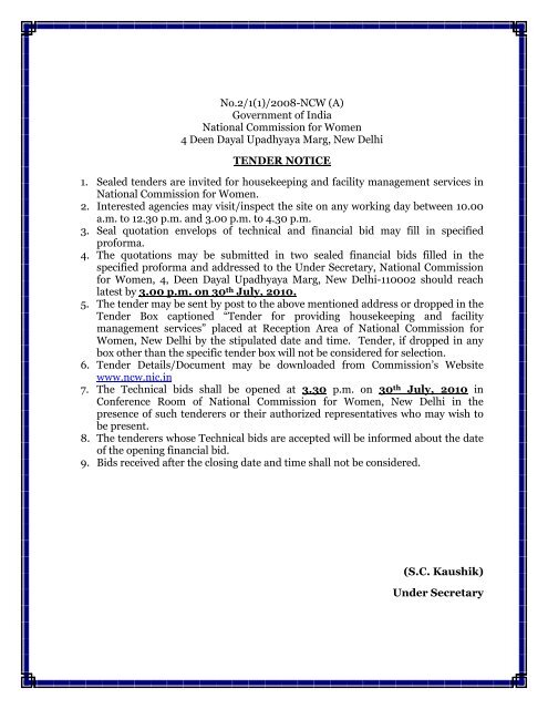 NCW invites tender for providing House Keeping, Cleaning Work ...