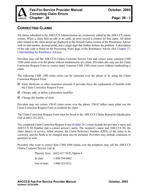 Ffs Chap 25 Correcting Claim Errors Ahcccs