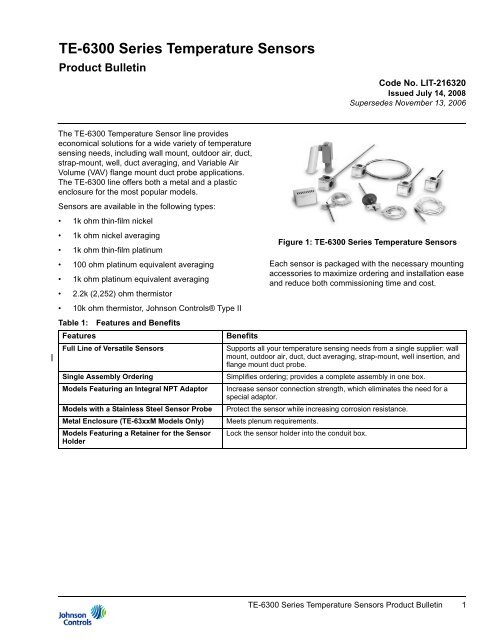 TE-6300 Series Temperature Sensors Product Bulletin - UPGNet