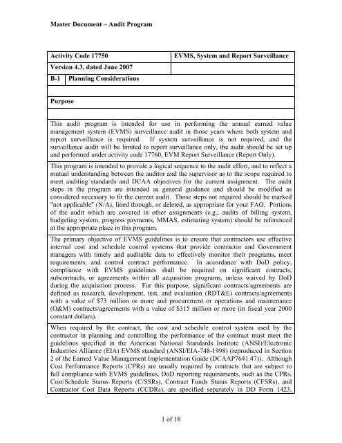 17750 - Audit Program - EVM System and Report Surveillance - DCMA