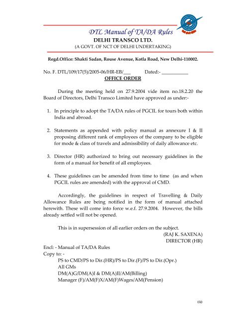DTL Manual of TA/DA Rules - Delhi