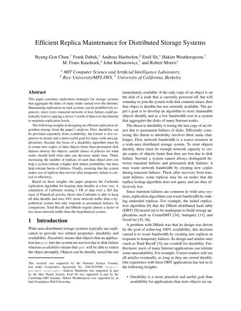 Efficient Replica Maintenance for Distributed Storage Systems