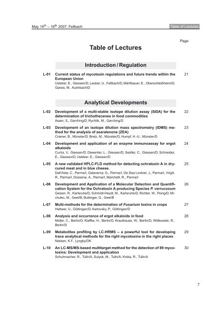 Table of Lectures - Society for Mycotoxin Research