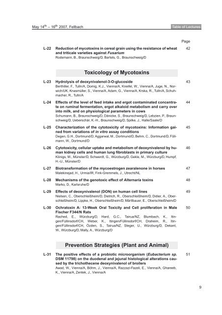 Table of Lectures - Society for Mycotoxin Research