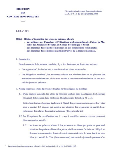 Circulaire L.I.R. nÂ° 91/1 du 26 septembre 2003 - Administration des ...