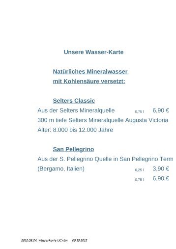 Unsere Wasser-Karte Natürliches Mineralwasser mit Kohlensäure ...