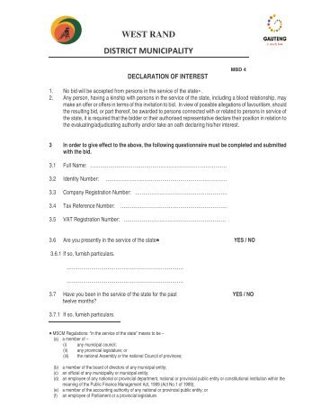 MBD 4 Declaration of Interest Form - West Rand District Municipality