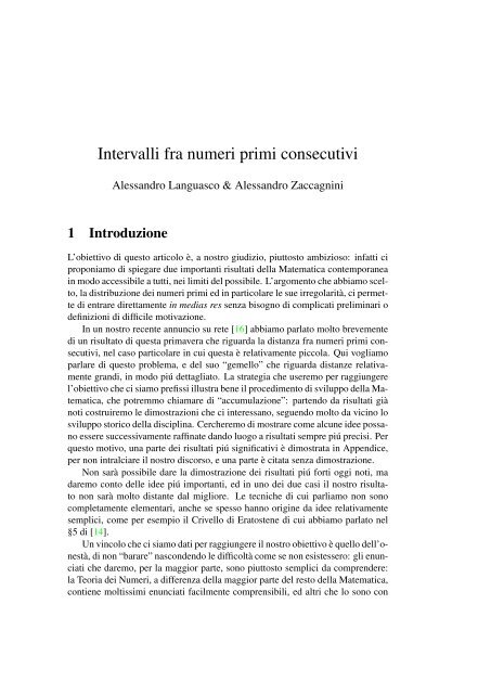 Intervalli fra numeri primi consecutivi - Dipartimento di Matematica