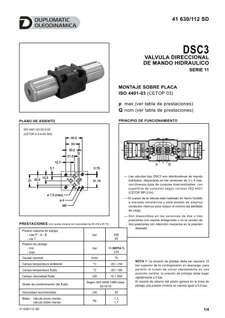 41 630/112 sd valvula direccional de mando hidraulico - Duplomatic