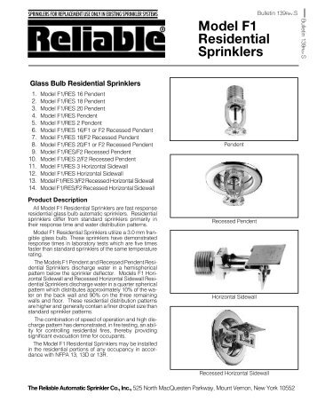 Model F1 Residential Sprinklers - Reliable Automatic Sprinkler Co.