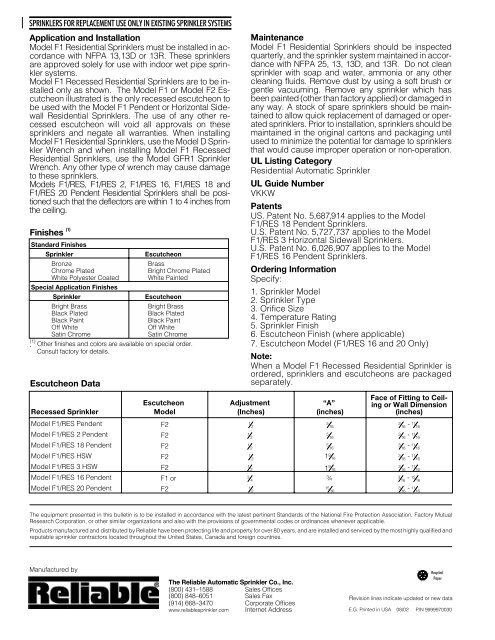 Model F1 Residential Sprinklers - Reliable Automatic Sprinkler Co.