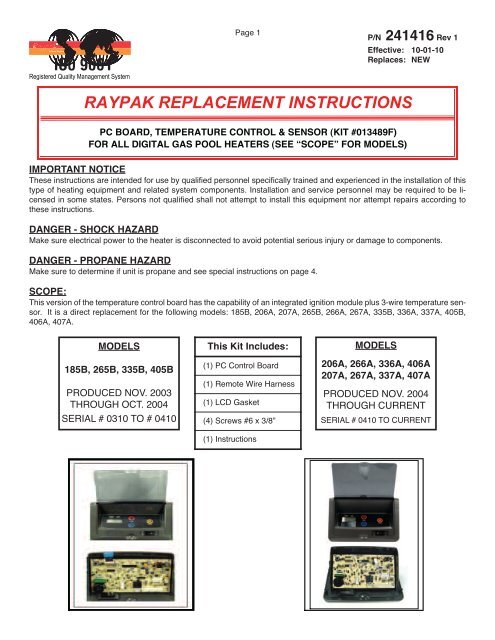 RAYPAK REPLACEMENT INSTRUCTIONS - Pool Supply Unlimited