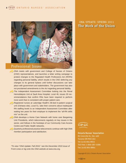 The Work of the Union - Spring 2011 - Ontario Nurses' Association