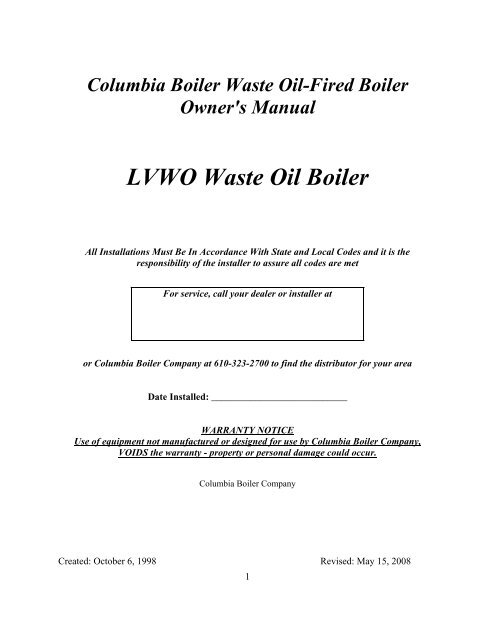 LVWO Waste Oil Boiler - Columbia Heating
