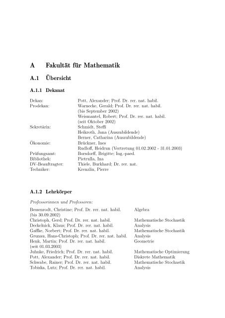 JAHRESBERICHT 2002/2003 - Fakultät für Mathematik - Otto-von ...