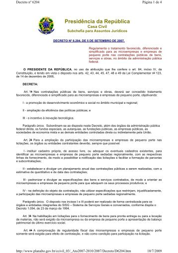 Decreto n 6.204-07 - Regulamenta o tratamento favorecido ...