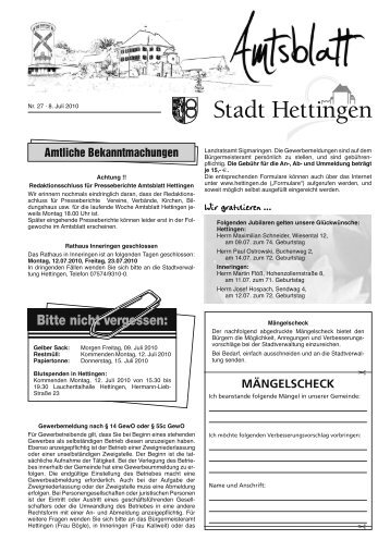 Amtliche Bekanntmachungen - Hettingen