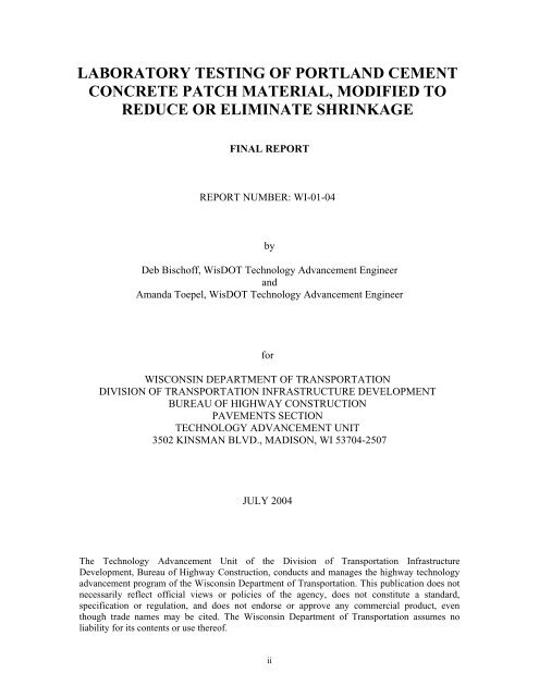 DateLaboratory Testing of Portland Cement Concrete Patch Material ...