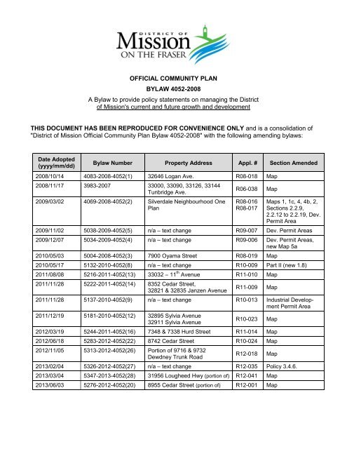 OFFICIAL COMMUNITY PLAN BYLAW 4052 ... - District of Mission