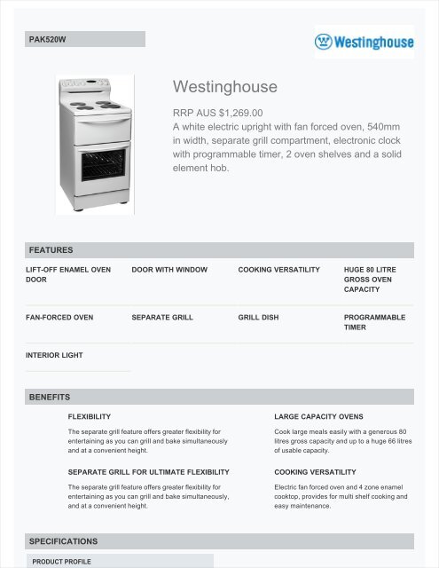 Westinghouse PAK520W Upright Electric Stove Technical Specs