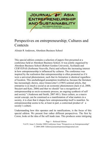 Perspectives on entrepreneurship; Cultures and Contexts