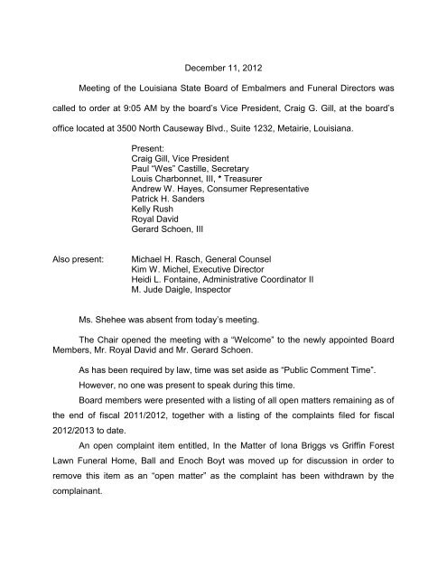 Minutes - Louisiana State Board of Embalmers and Funeral Directors