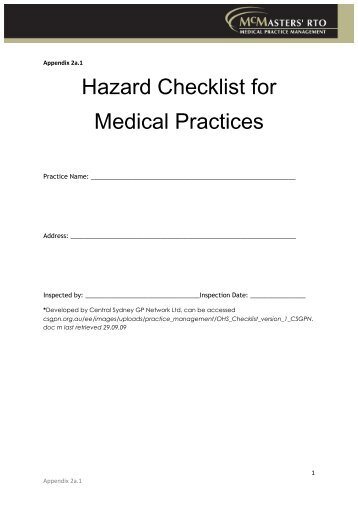 Hazard Checklist for Medical Practices